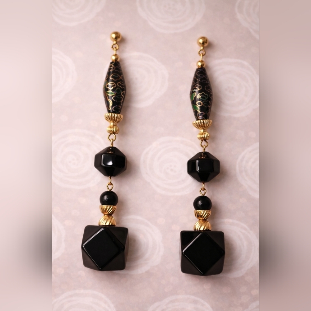 Saks Fifth Avenue Black & Gold Statement Drop Earrings - Picture 2 of 4